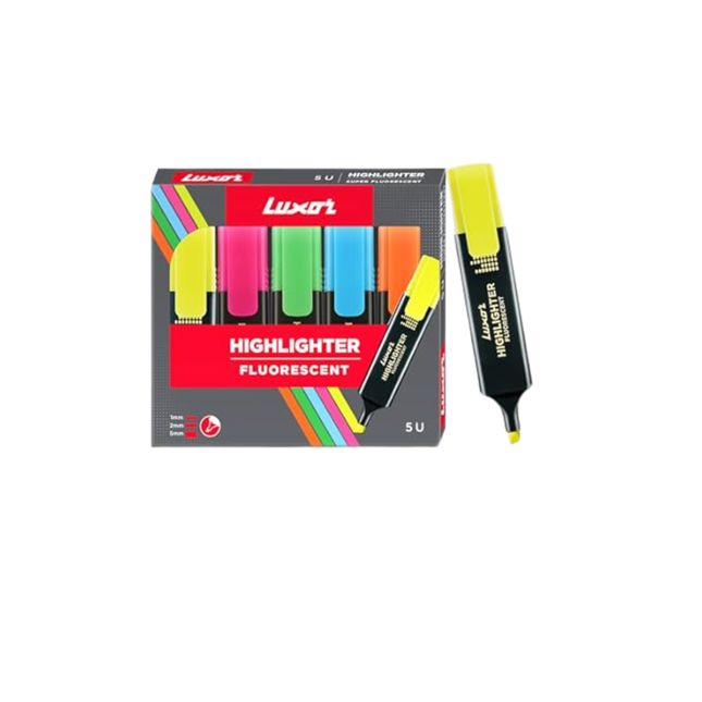 Luxor fluorescent highlighter set with packaging on a white background