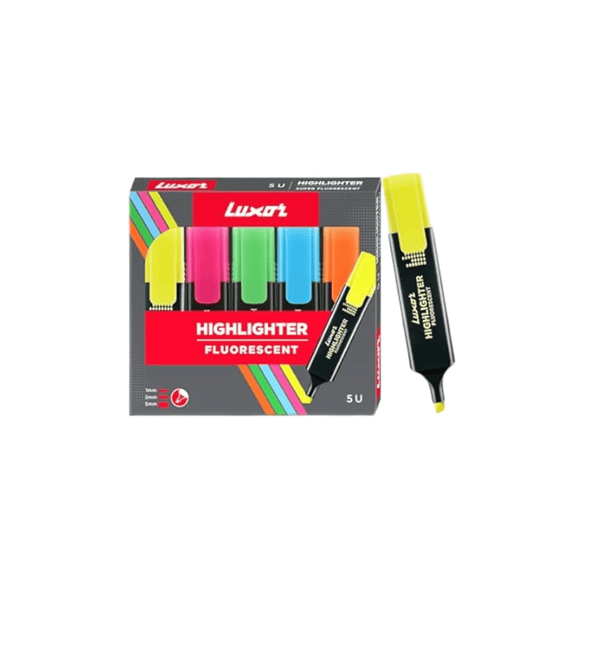Luxor fluorescent highlighter set with packaging on a white background