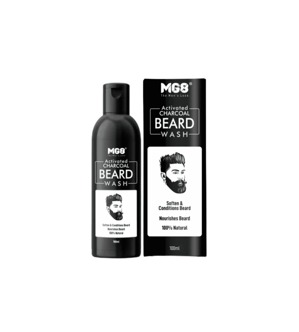 MGB Activated Charcoal Beard Wash bottle and packaging on a white background