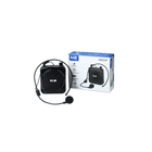 Black portable speaker with microphone and MZ branded box on a white background