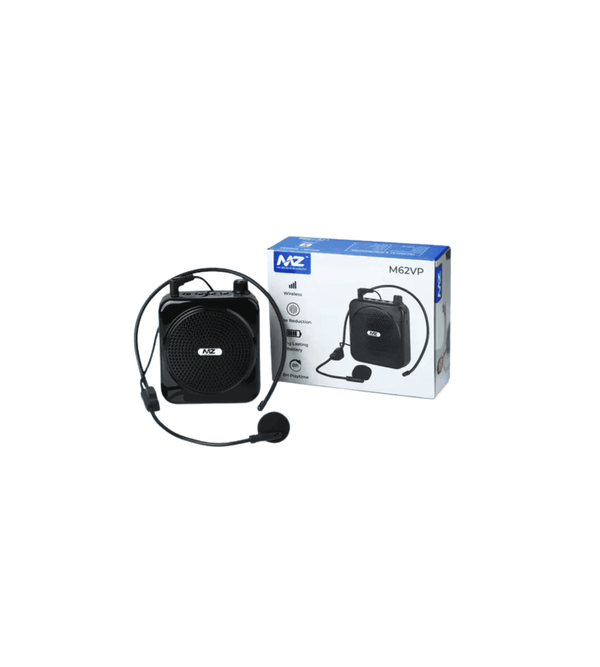Black portable speaker with microphone and MZ branded box on a white background