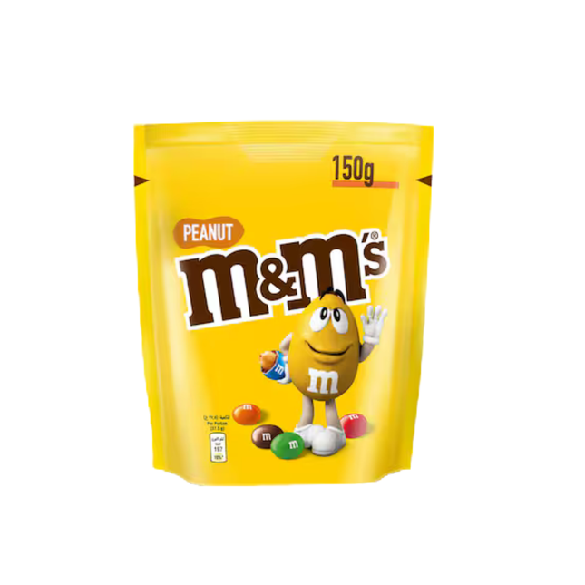 Yellow package of M&M's Peanut candy on a white background