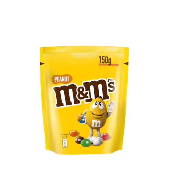 Yellow package of M&M's Peanut candy on a white background