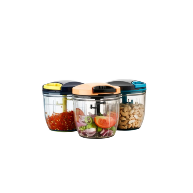 Three glass containers with colorful lids, each filled with different food items on a white background.
