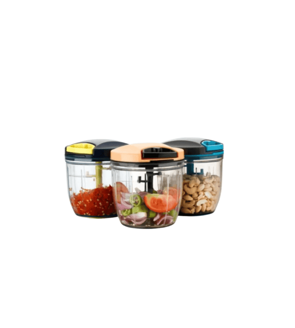 Three glass containers with colorful lids, each filled with different food items on a white background.