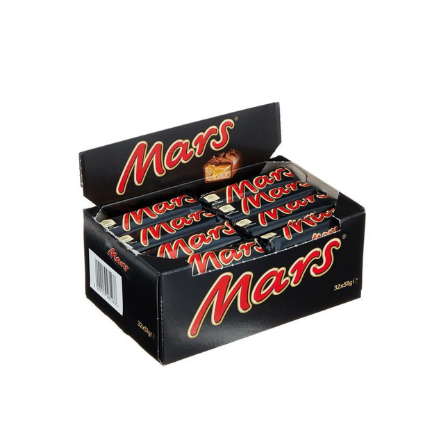 Box of Mars chocolate bars on a white background
