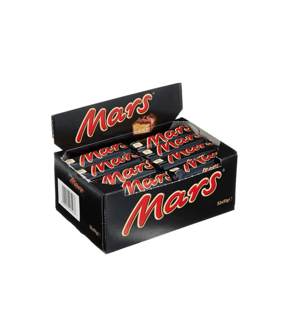 Box of Mars chocolate bars on a white background