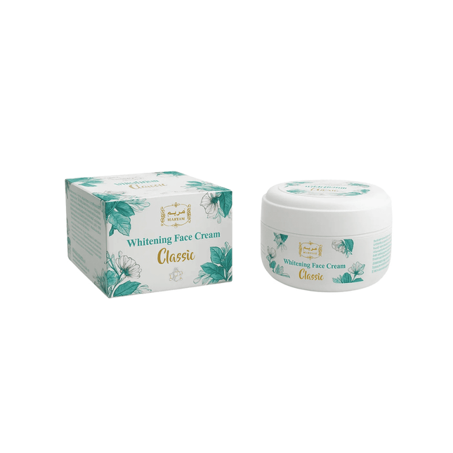 Whitening face cream jar and packaging on a white background