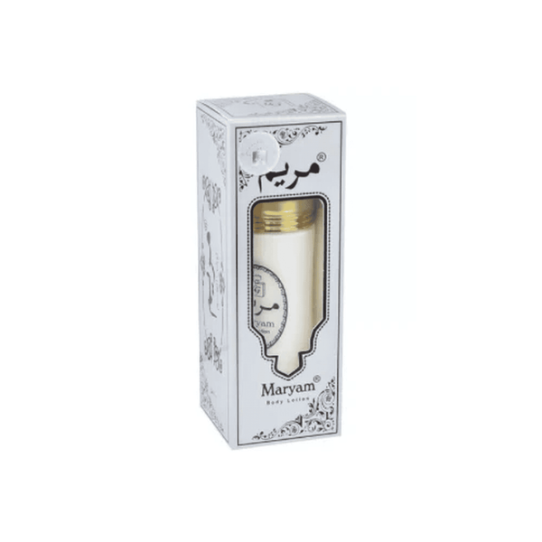 White box packaging of Maryam body lotion with a gold cap on a white background