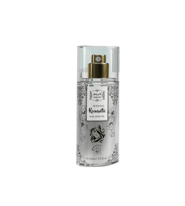 Perfume bottle labeled 'Scented Romantic' on a white background