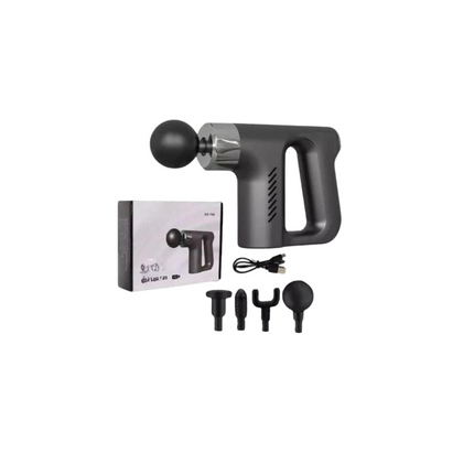 Massage gun with attachments and packaging on a white background