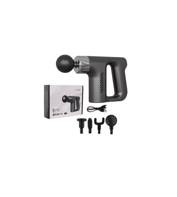 Massage gun with attachments and packaging on a white background