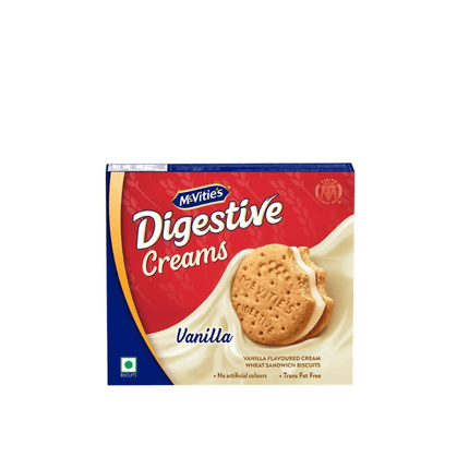 Packaging of McVitie's Digestive Creams Vanilla on a white background