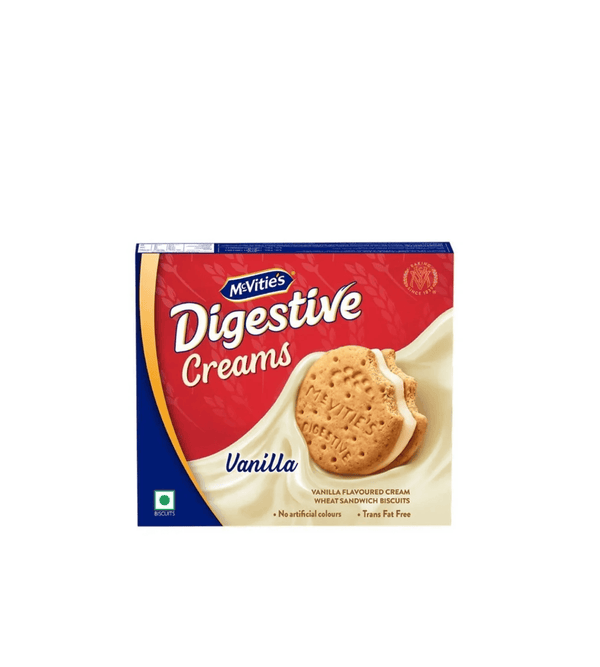 Packaging of McVitie's Digestive Creams Vanilla on a white background