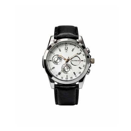 Black wristwatch with a white face on a white background