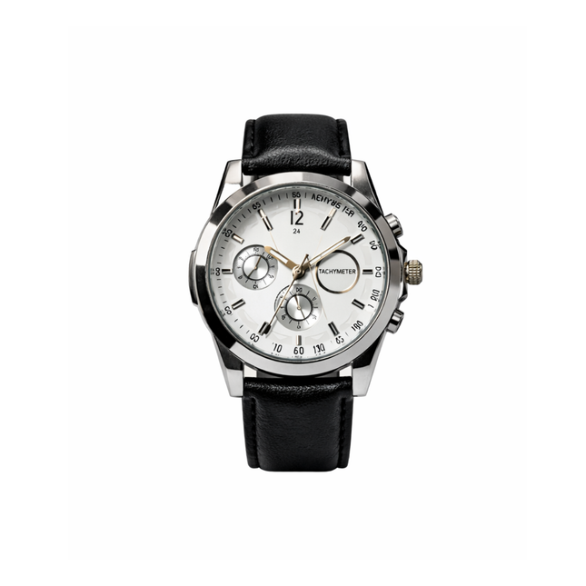 Black wristwatch with a white face on a white background