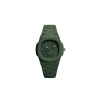 Green watch with a metallic band on a white background