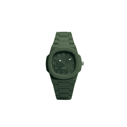 Green watch with a metallic band on a white background