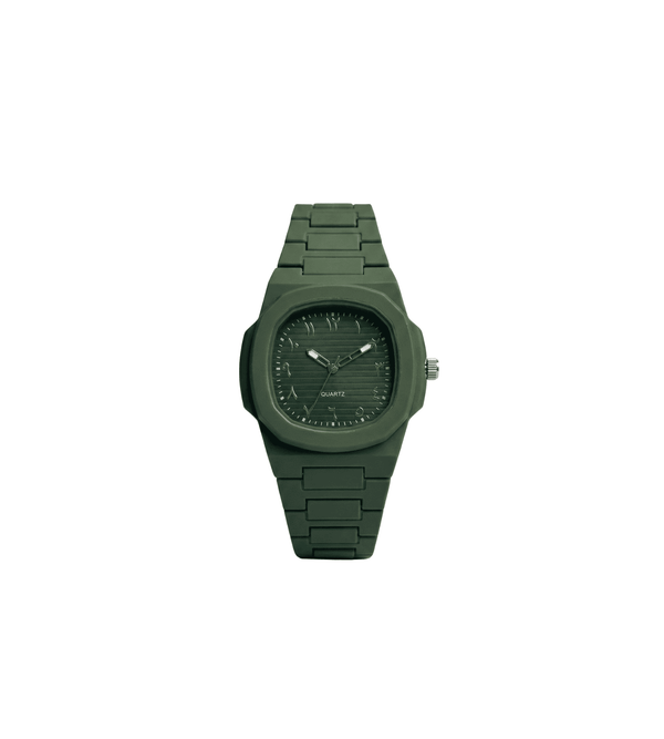 Green watch with a metallic band on a white background