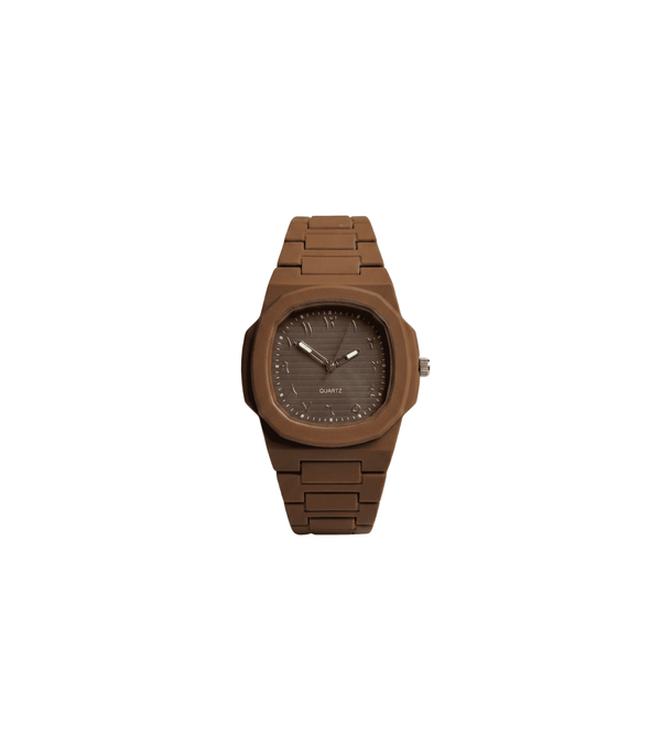 Brown wooden watch on a white background