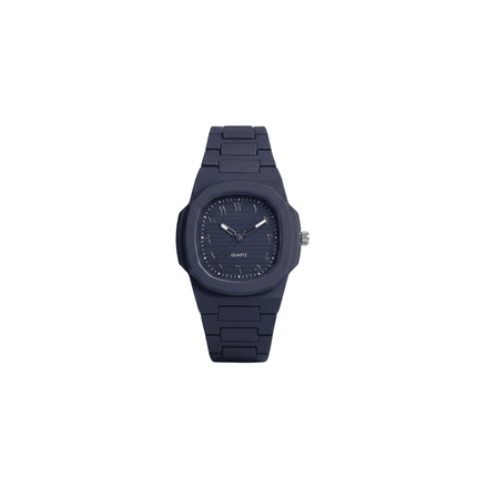 Navy blue watch with a white background