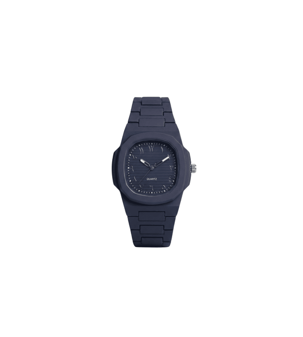 Navy blue watch with a white background