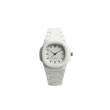 White watch with a ceramic strap on a white background