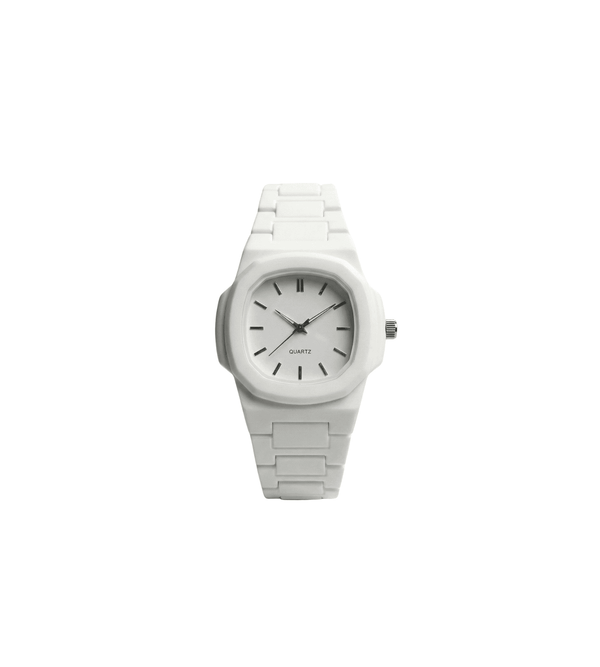 White watch with a ceramic strap on a white background