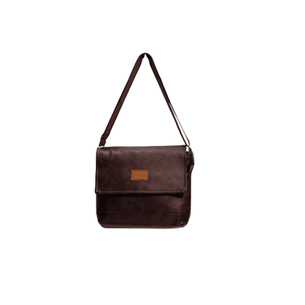 Brown leather shoulder bag on a white background