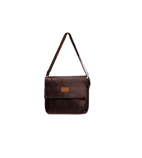 Brown leather shoulder bag on a white background
