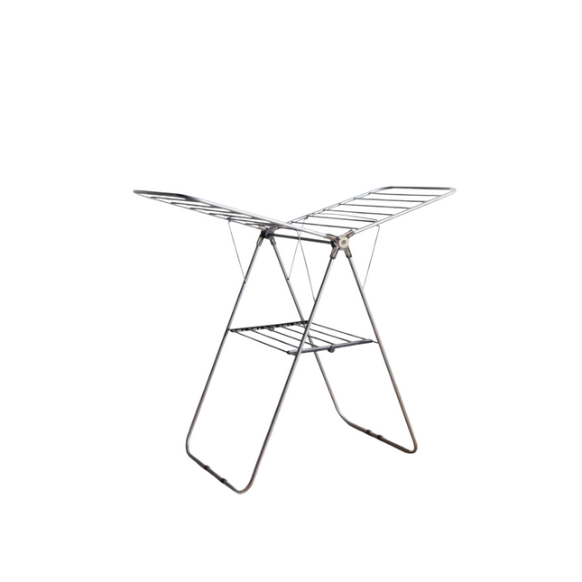 Metal clothes drying rack on a white background