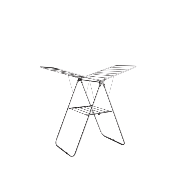 Metal clothes drying rack on a white background