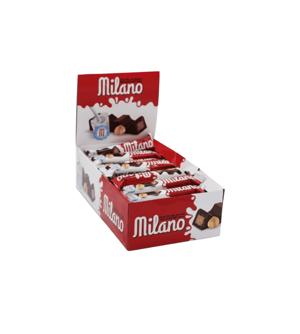 Box of Milano chocolate bars on a white background