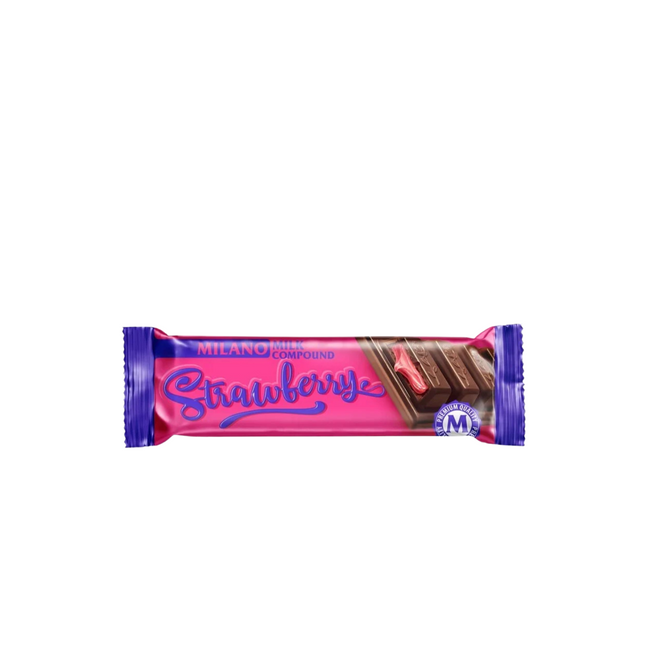 Chocolate bar with pink and purple packaging on a white background