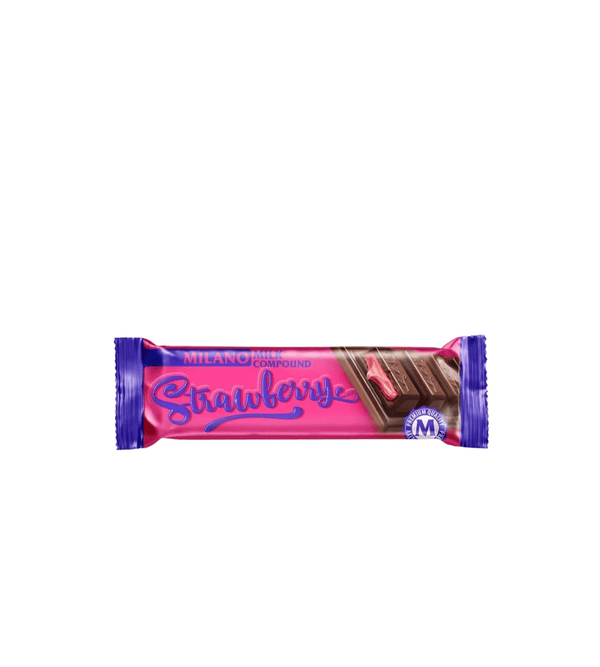 Chocolate bar with pink and purple packaging on a white background