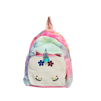 Colorful unicorn-themed backpack on a white background