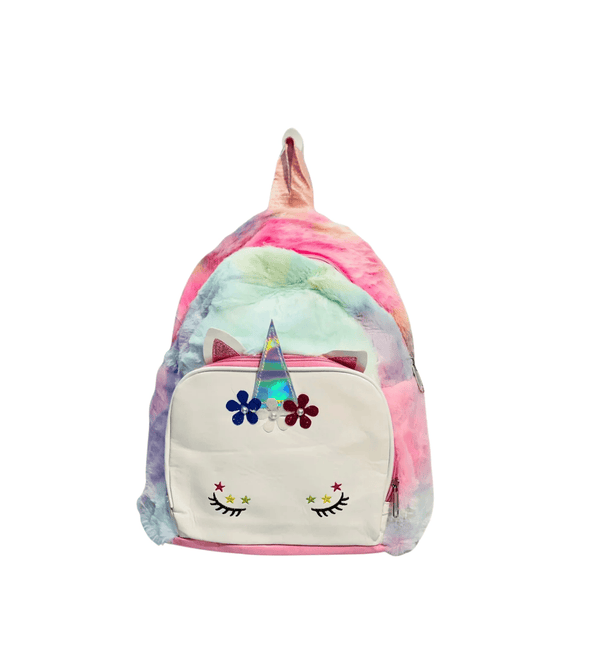 Colorful unicorn-themed backpack on a white background