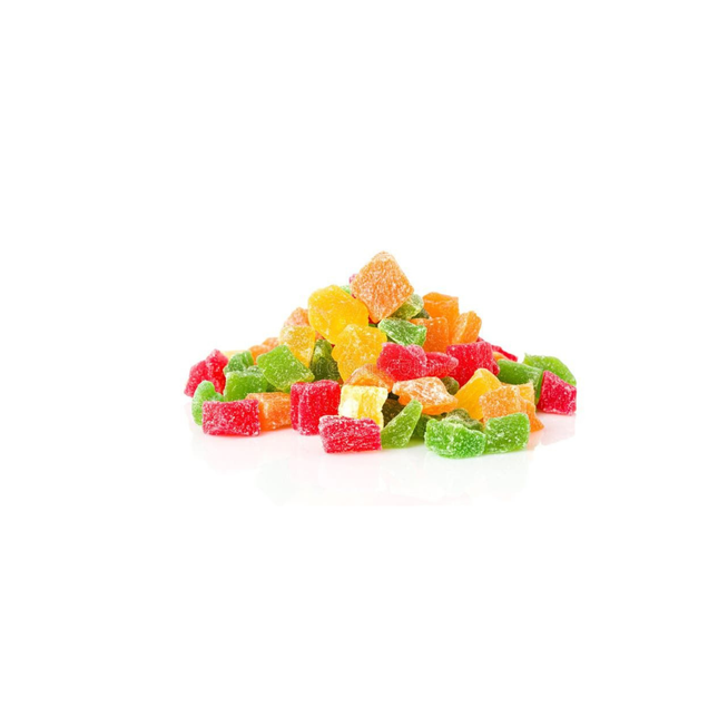 Colorful gummy candies on a white background