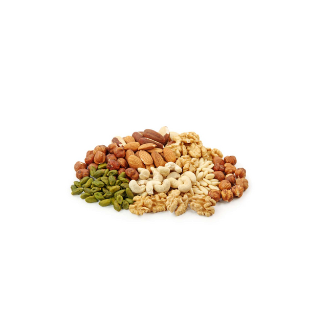 Assorted dried nuts on a white background