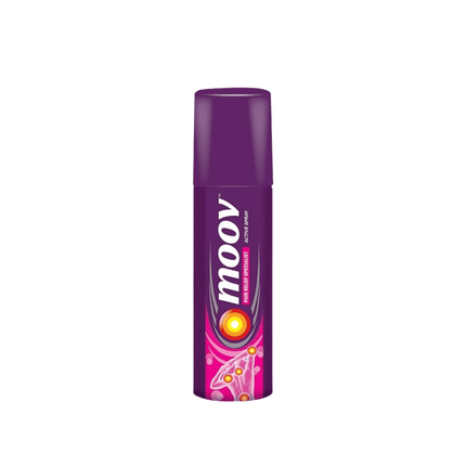 Purple deodorant can with 'moov' branding on a white background