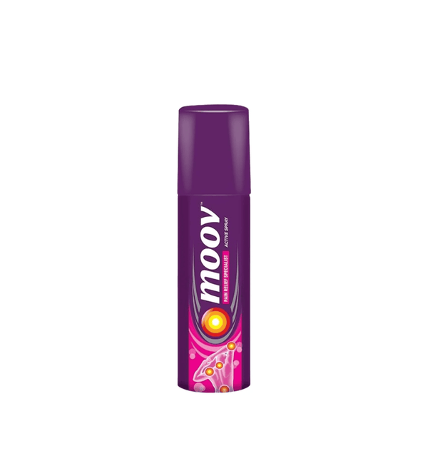 Purple deodorant can with 'moov' branding on a white background