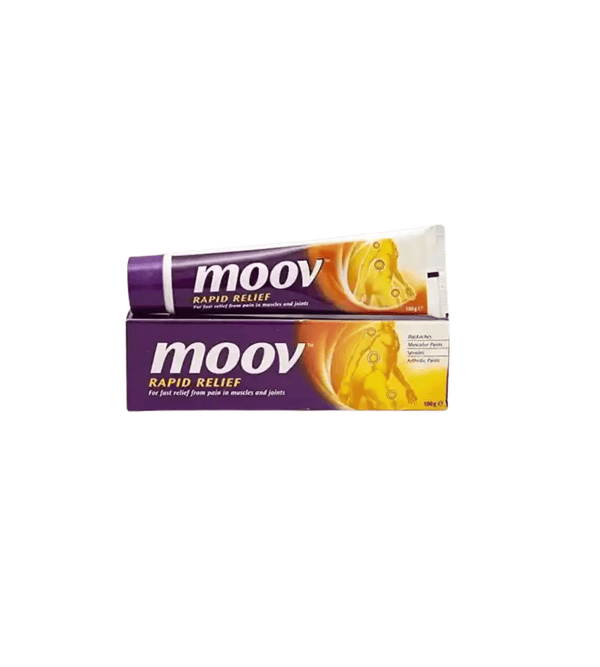 Tube of moov rapid relief pain relief cream on a white background