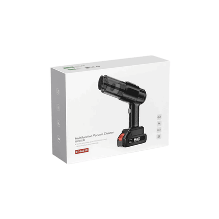 Black handheld vacuum cleaner with white packaging on a white background