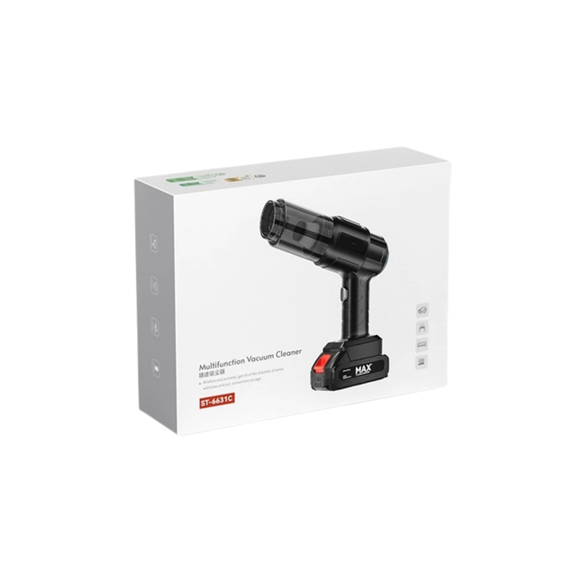 Black handheld vacuum cleaner with white packaging on a white background