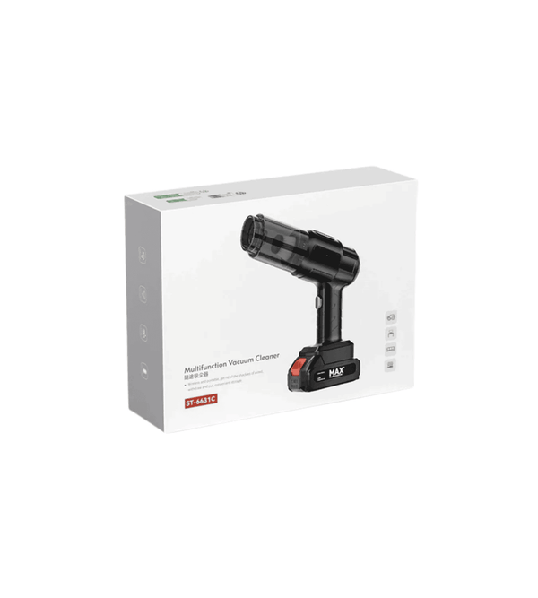 Black handheld vacuum cleaner with white packaging on a white background