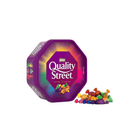 Quality Street chocolate tin with colorful candy pieces on a white background
