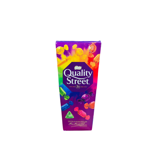 Box of Quality Street chocolate on a white background