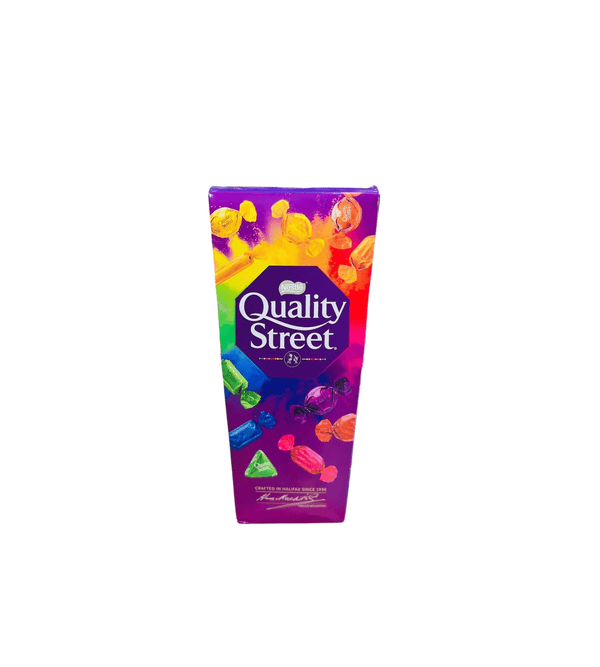 Box of Quality Street chocolate on a white background