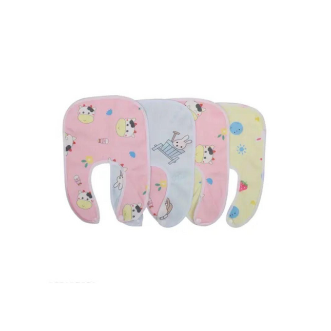 Set of four baby neck bibs with cartoon designs on a white background