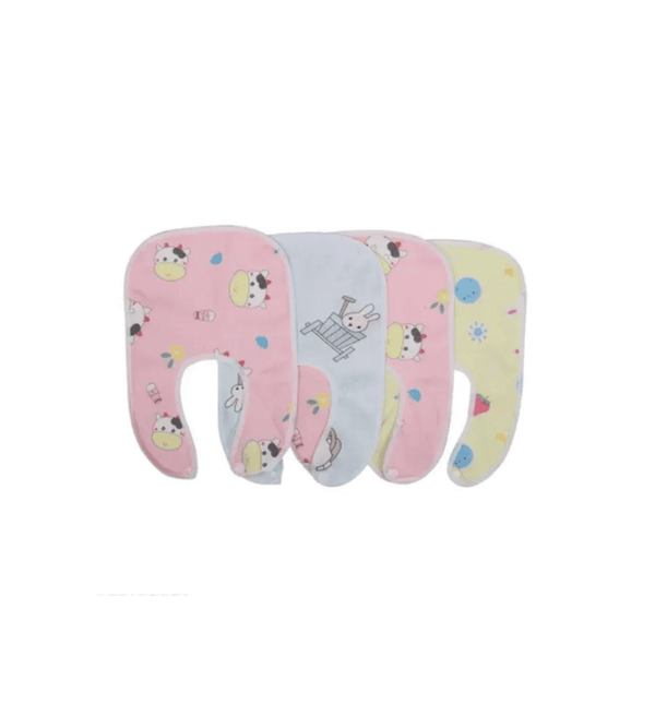 Set of four baby neck bibs with cartoon designs on a white background